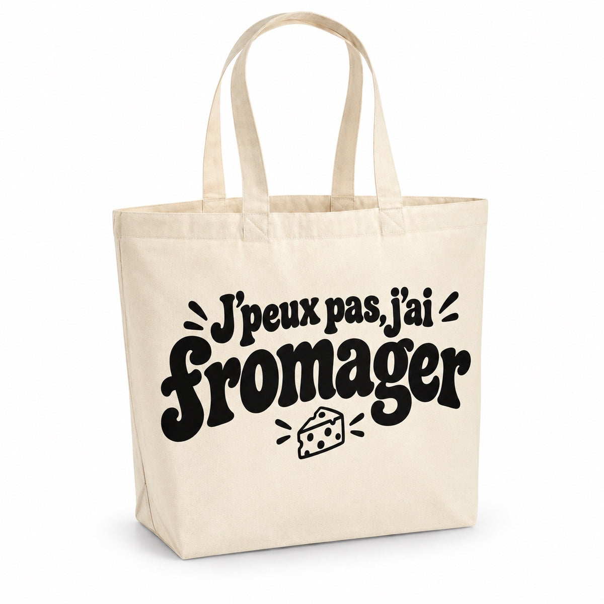 Tote bag « J'peux pas, j'ai fromager » Premium, cabas à soufflet en coton naturel 200 g/m² de 18 litres, grand lettrage rétro noir et petit dessin au trait : un morceau de fromage