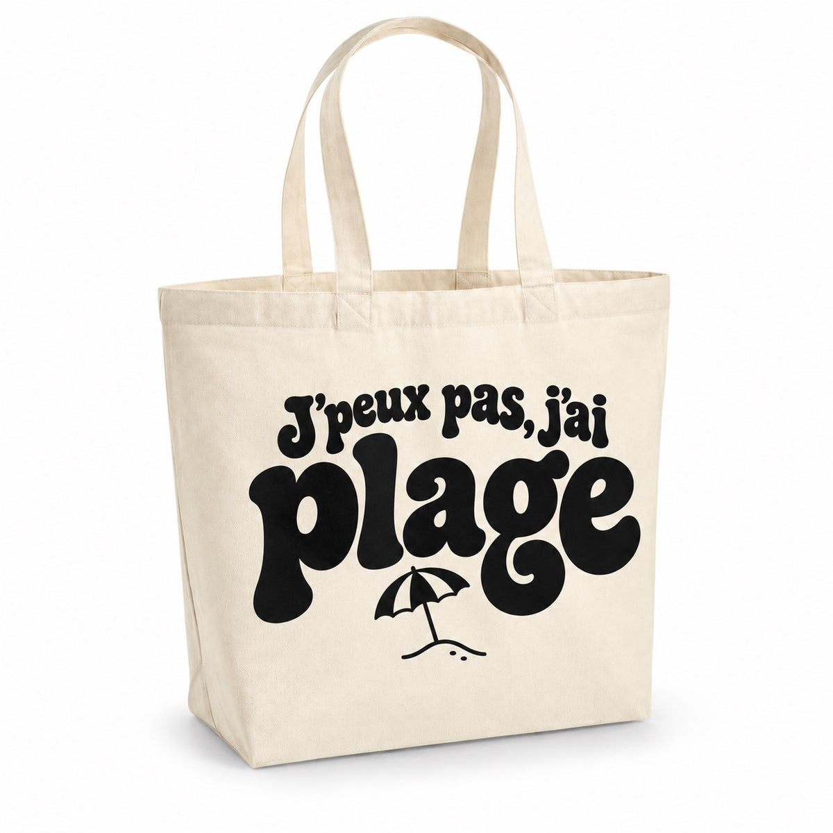 Tote bag « J'peux pas, j'ai plage » Premium, cabas à soufflet en coton naturel 200 g/m² de 18 litres, grand lettrage rétro noir et petit dessin au trait : un parasol