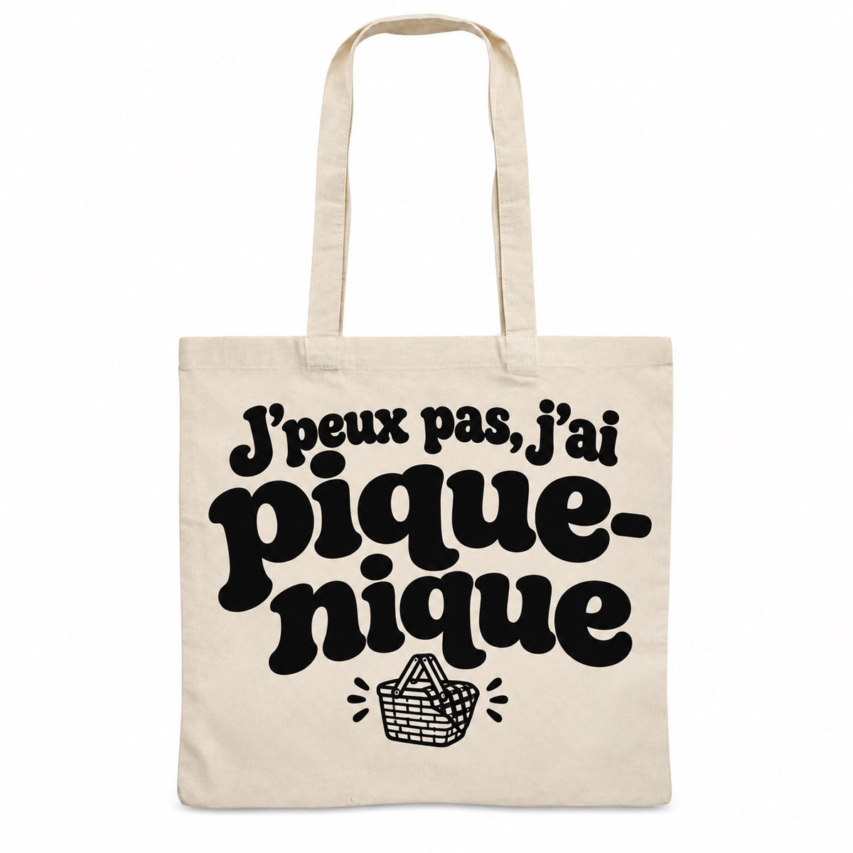 Tote bag « J'peux pas, j'ai pique-nique » Essentiel, sac plat en coton naturel 140 g/m² de 38 × 42 cm, grand lettrage rétro noir et petit dessin au trait : un panier de pique-nique