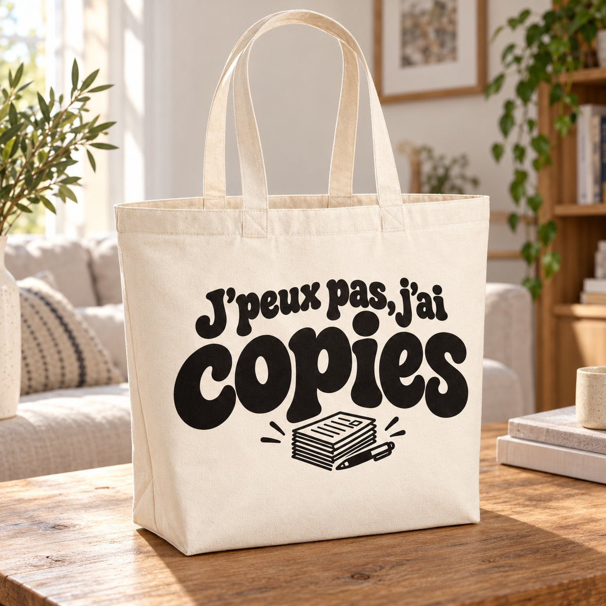 Tote bag « J'peux pas, j'ai copies » Premium posé sur une table en bois dans un salon lumineux