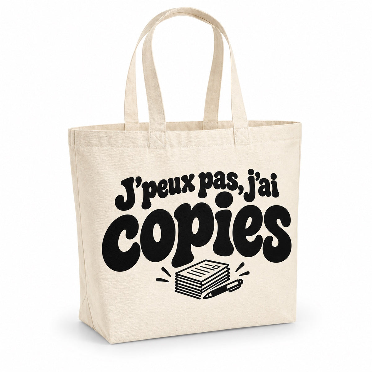 Tote bag « J'peux pas, j'ai copies » Premium, cabas à soufflet en coton naturel 200 g/m² de 18 litres, grand lettrage rétro noir et petit dessin au trait : une pile de copies et un stylo