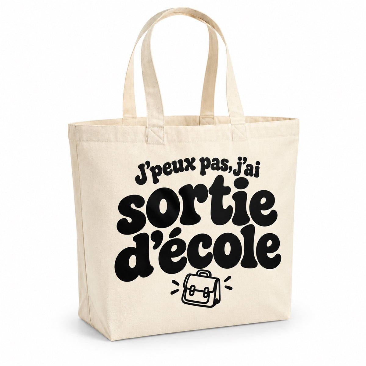 Tote bag « J'peux pas, j'ai sortie d'école » Premium, cabas à soufflet en coton naturel 200 g/m² de 18 litres, grand lettrage rétro noir et petit dessin au trait : un petit cartable