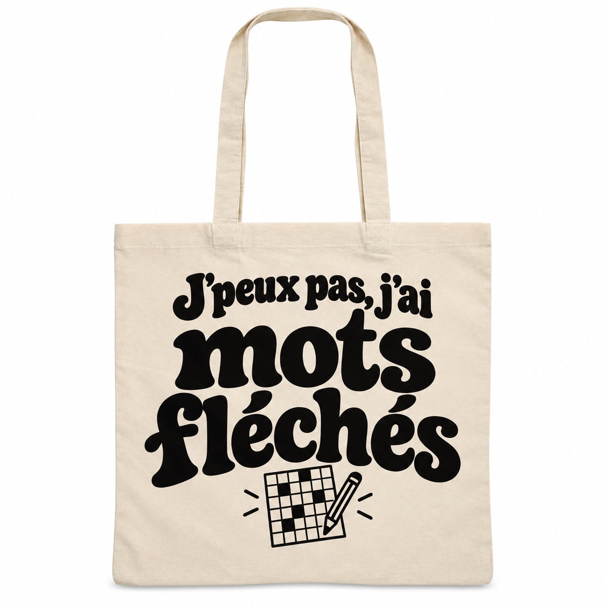 Tote bag « J'peux pas, j'ai mots fléchés » Essentiel, sac plat en coton naturel 140 g/m² de 38 × 42 cm, grand lettrage rétro noir et petit dessin au trait : une grille de mots fléchés