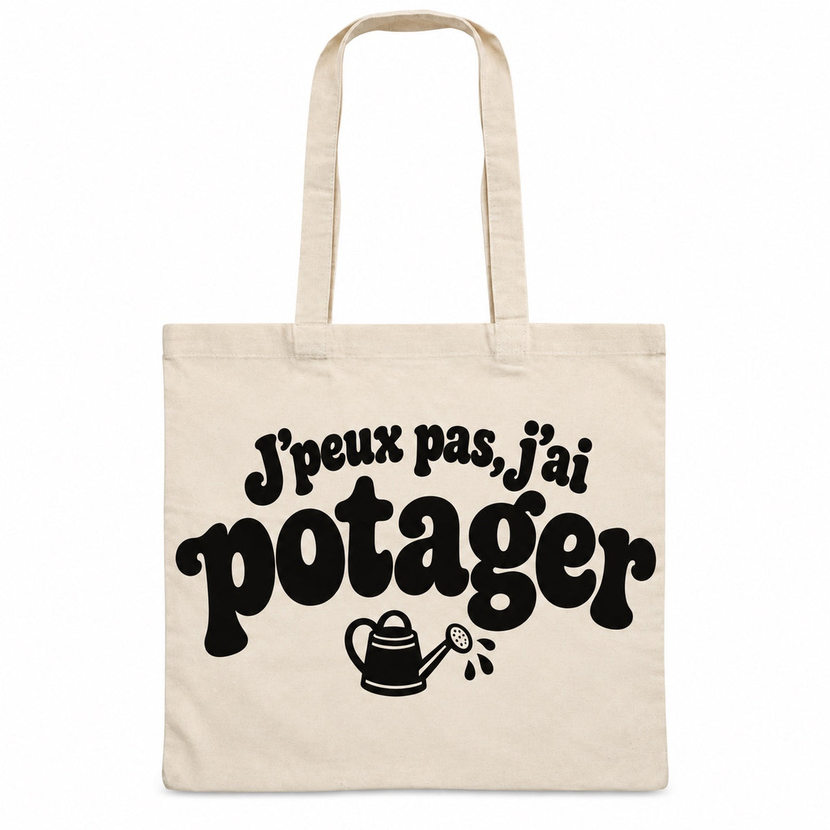 Tote bag « J'peux pas, j'ai potager » Essentiel, sac plat en coton naturel 140 g/m² de 38 × 42 cm, grand lettrage rétro noir et petit dessin au trait : un arrosoir