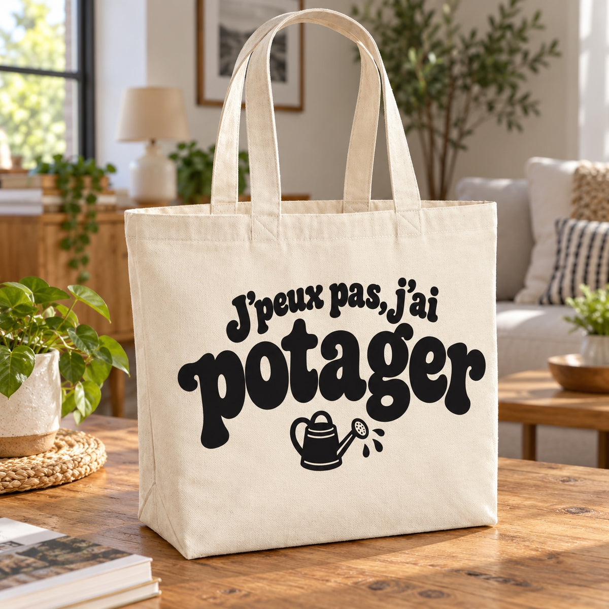 Tote bag « J'peux pas, j'ai potager » Premium posé sur une table en bois dans un salon lumineux