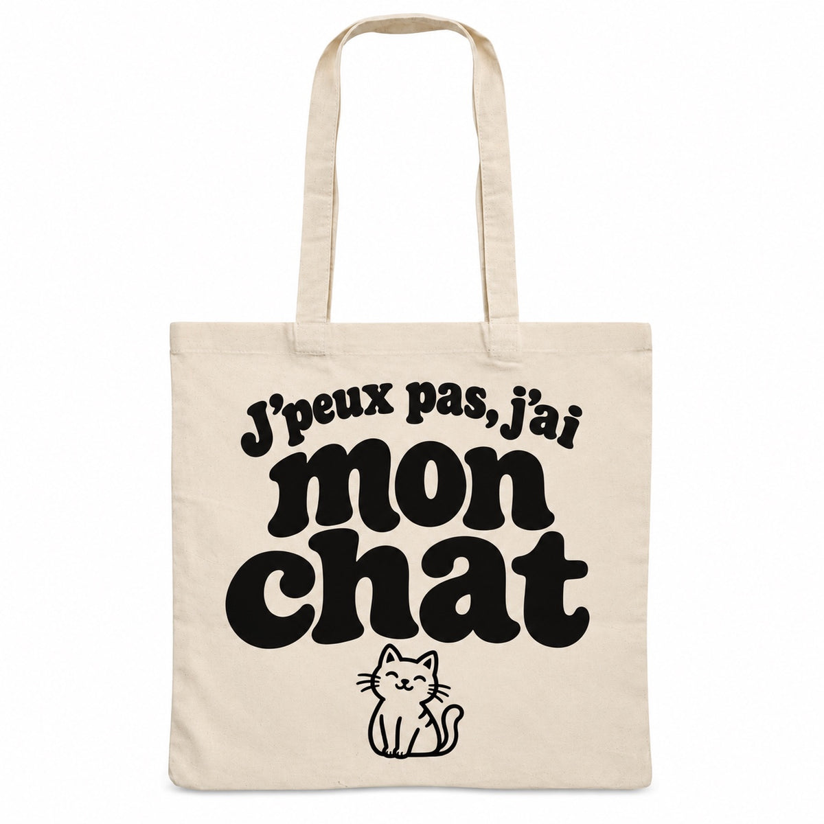 Tote bag « J'peux pas, j'ai mon chat » Essentiel, sac plat en coton naturel 140 g/m² de 38 × 42 cm, grand lettrage rétro noir et petit dessin au trait : un chat assis
