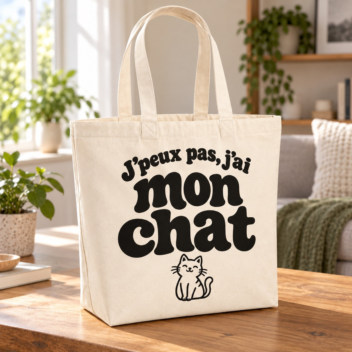 Tote bag « J'peux pas, j'ai mon chat » Premium posé sur une table en bois dans un salon lumineux