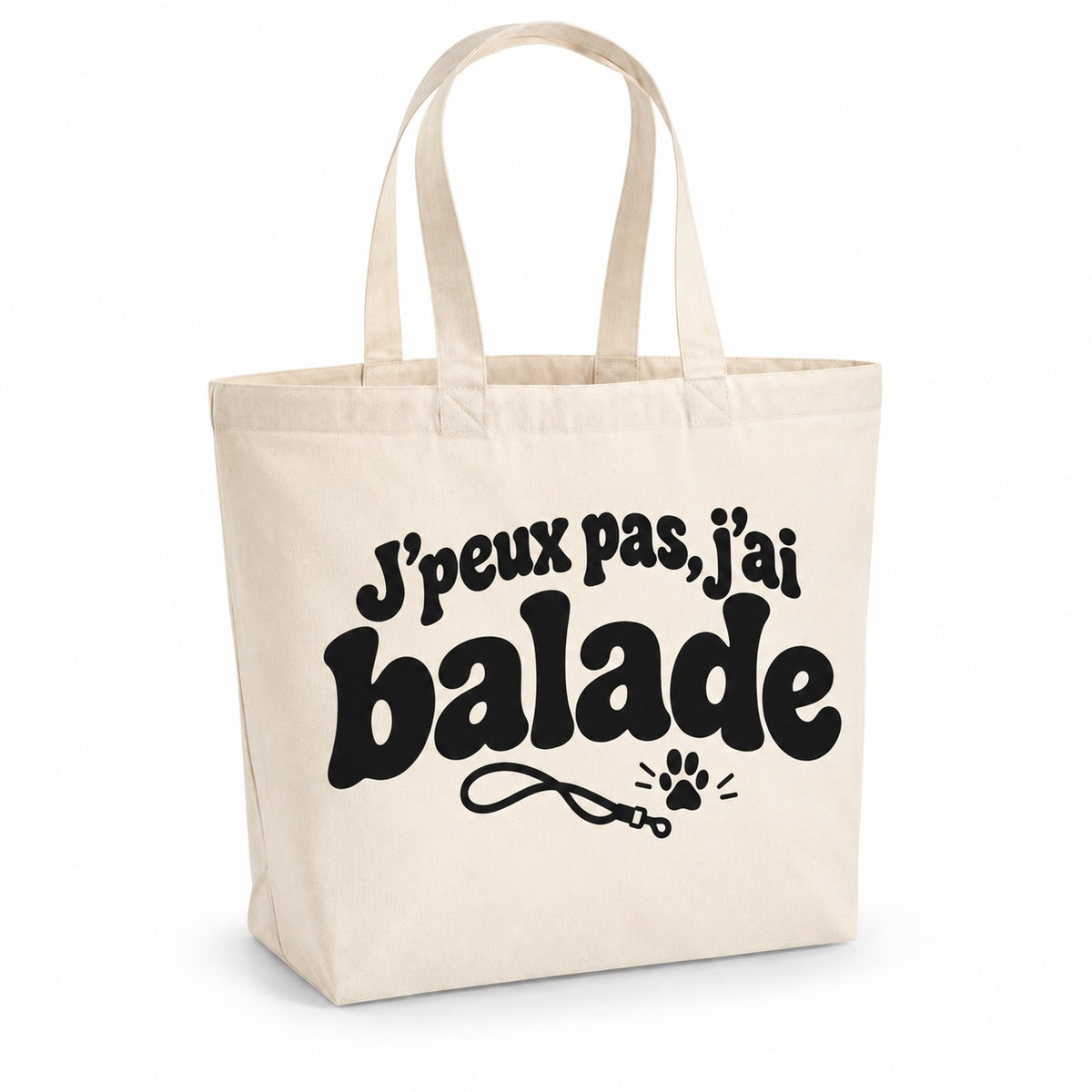 Tote bag « J'peux pas, j'ai balade » Premium, cabas à soufflet en coton naturel 200 g/m² de 18 litres, grand lettrage rétro noir et petit dessin au trait : une laisse et une empreinte de patte