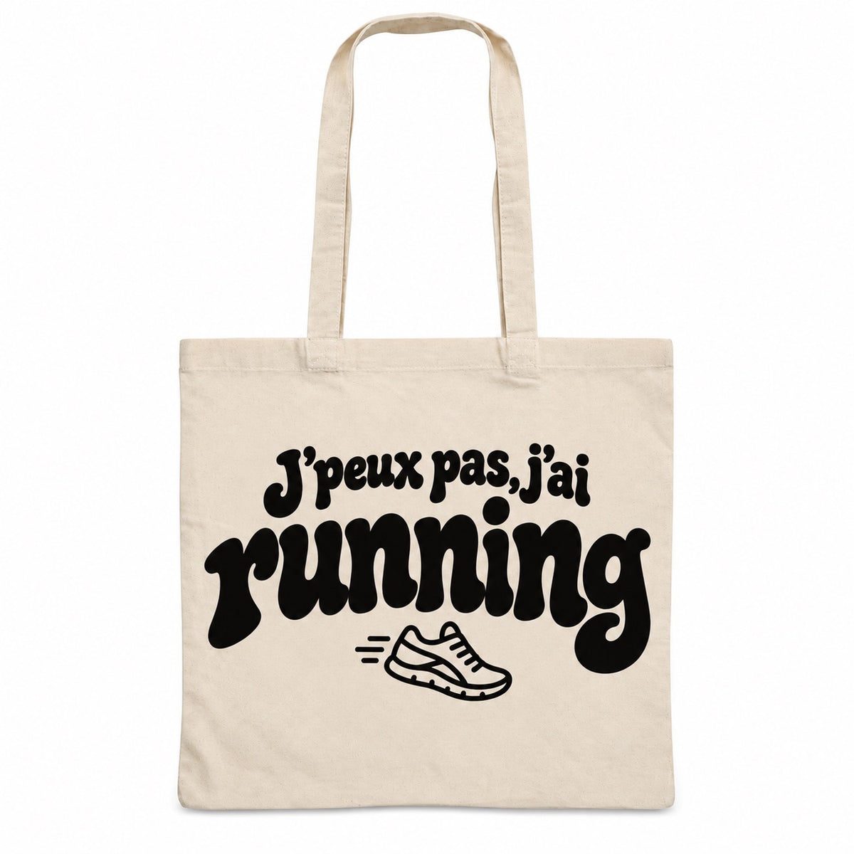 Tote bag « J'peux pas, j'ai running » Essentiel, sac plat en coton naturel 140 g/m² de 38 × 42 cm, grand lettrage rétro noir et petit dessin au trait : une chaussure de course