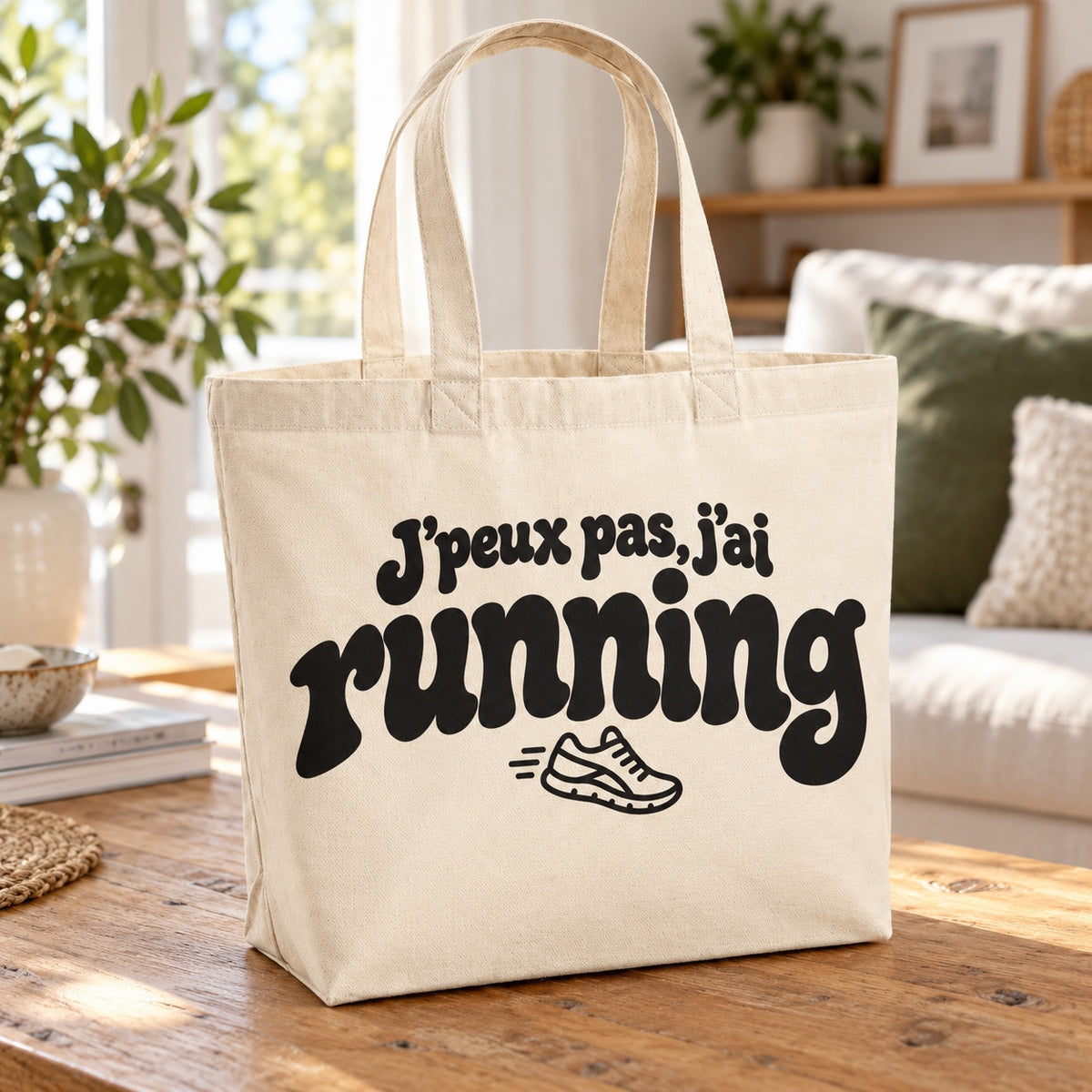Tote bag « J'peux pas, j'ai running » Premium posé sur une table en bois dans un salon lumineux