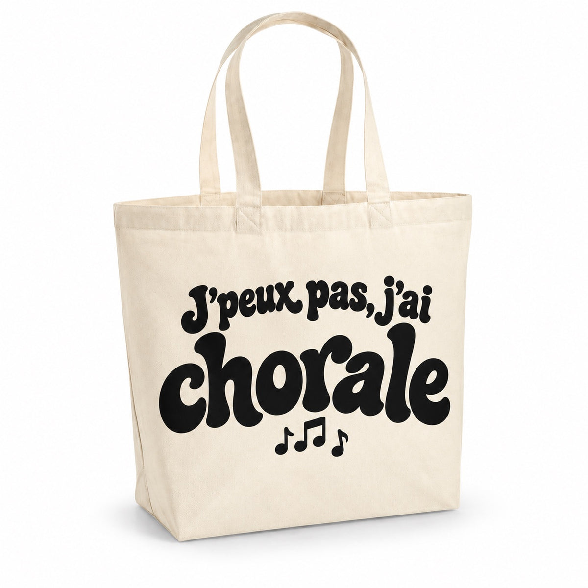 Tote bag « J'peux pas, j'ai chorale » Premium, cabas à soufflet en coton naturel 200 g/m² de 18 litres, grand lettrage rétro noir et petit dessin au trait : trois notes de musique