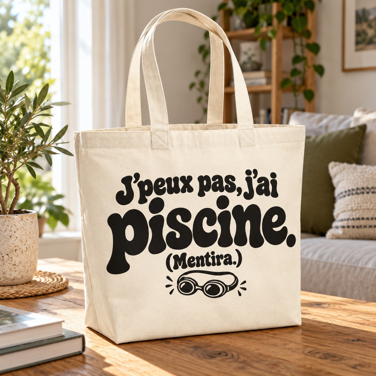 Tote bag « J'peux pas, j'ai piscine. (Mentira.) » Premium posé sur une table en bois dans un salon lumineux