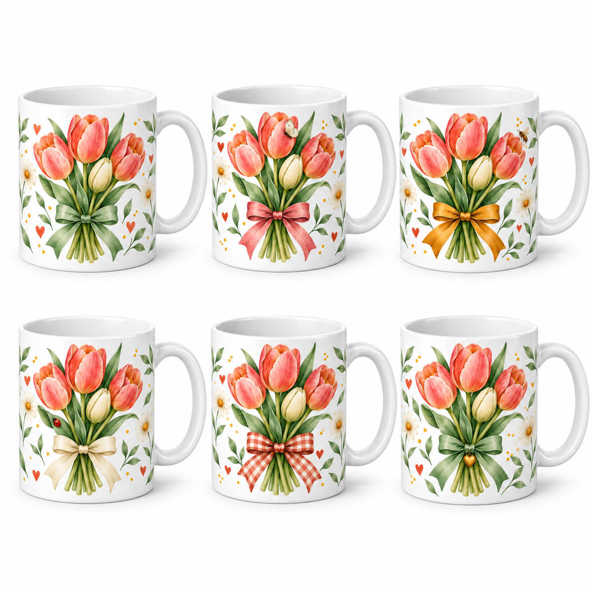 Lot de 6 mugs Tulipes aquarelle, bouquet et six rubans