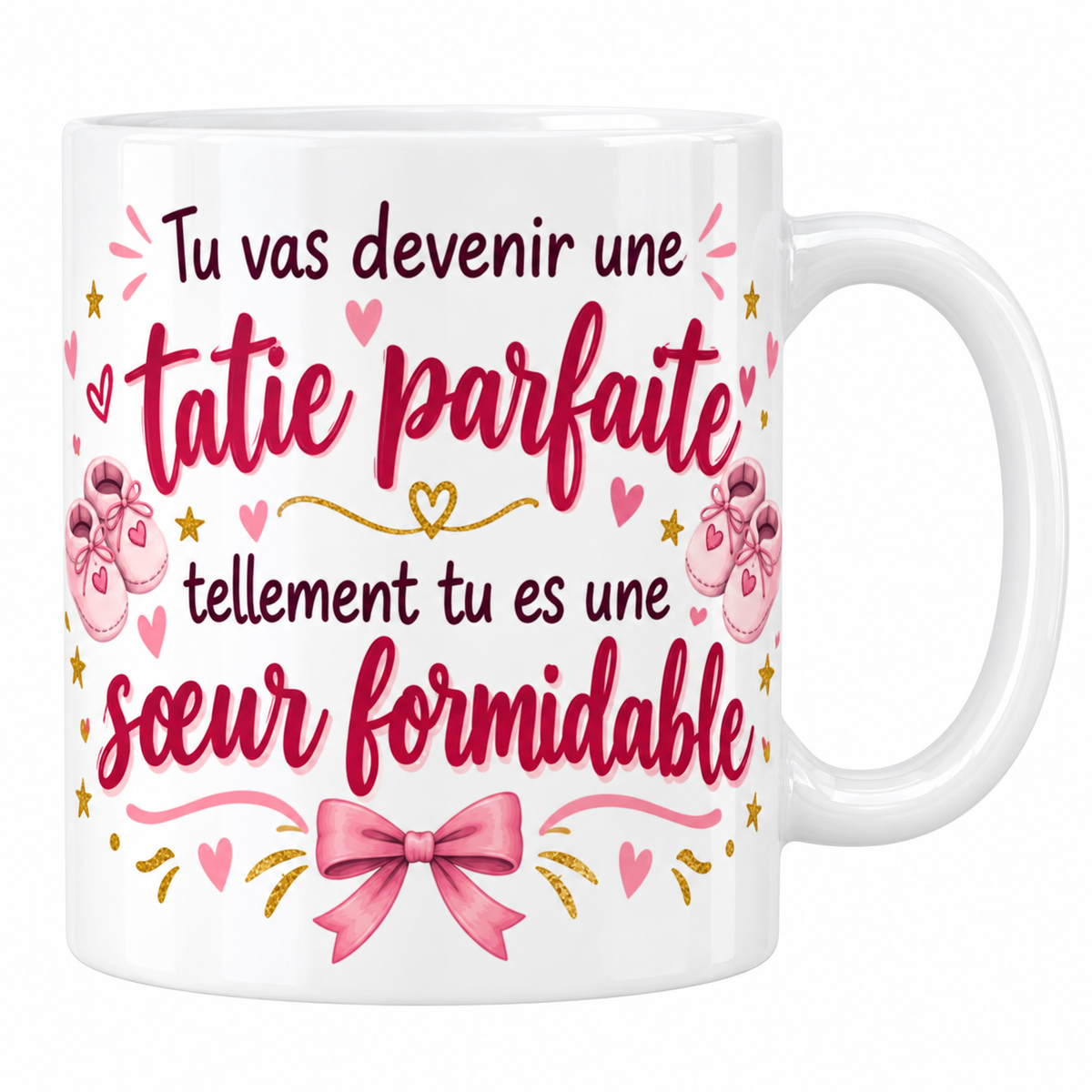 Mug blanc annonce Tu vas devenir une tatie parfaite tellement tu es une sœur formidable avec chaussons roses