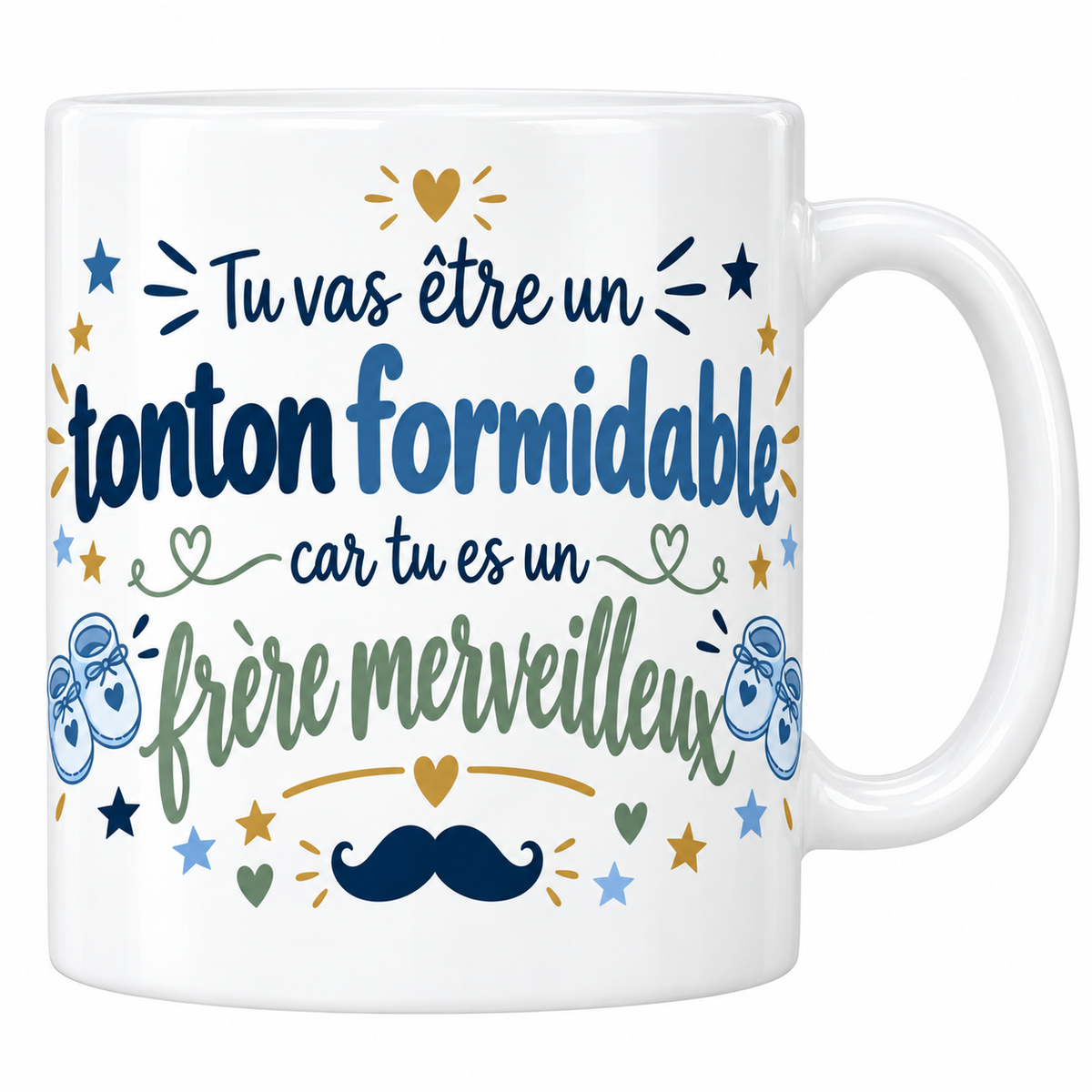 Mug blanc annonce Tu vas être un tonton formidable car tu es un frère merveilleux avec chaussons bleus