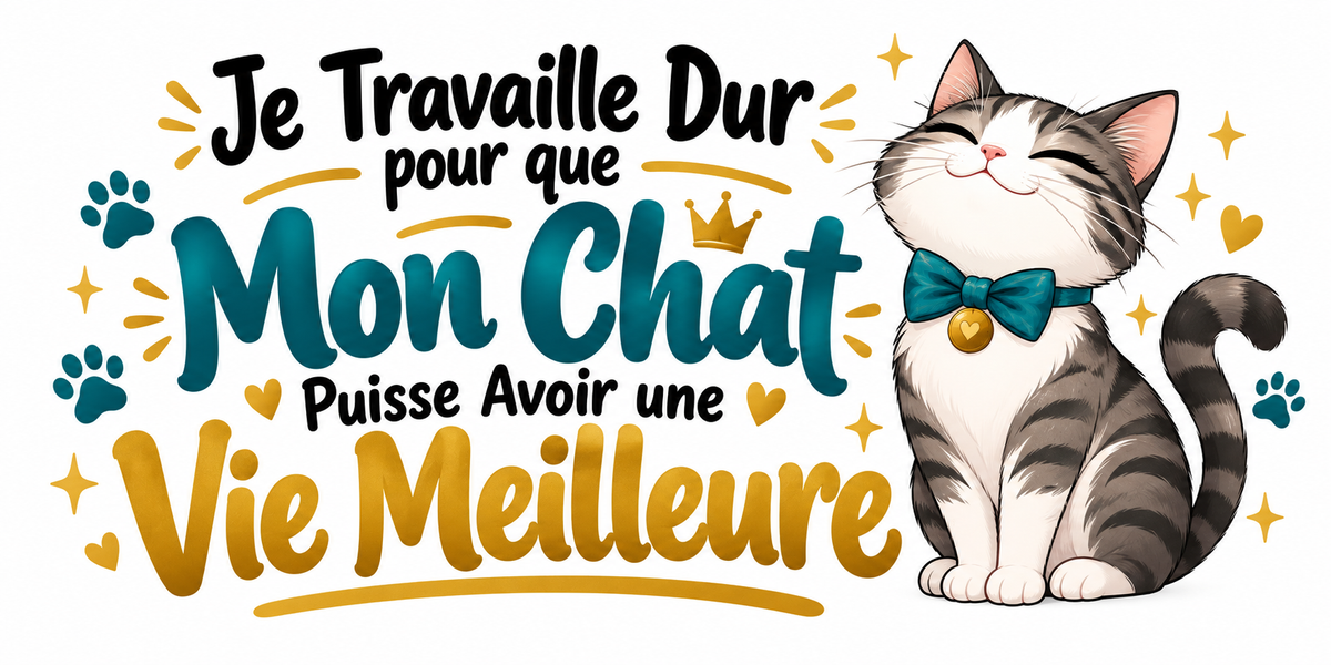 Visuel illustré chat tigré au collier jaune, empreintes de pattes et texte Je travaille dur pour que mon chat puisse avoir une vie meilleure
