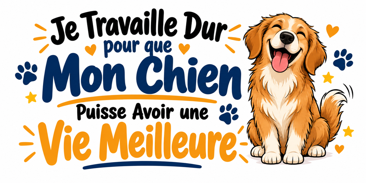 Visuel illustré chien roux souriant, empreintes de pattes et texte Je travaille dur pour que mon chien puisse avoir une vie meilleure