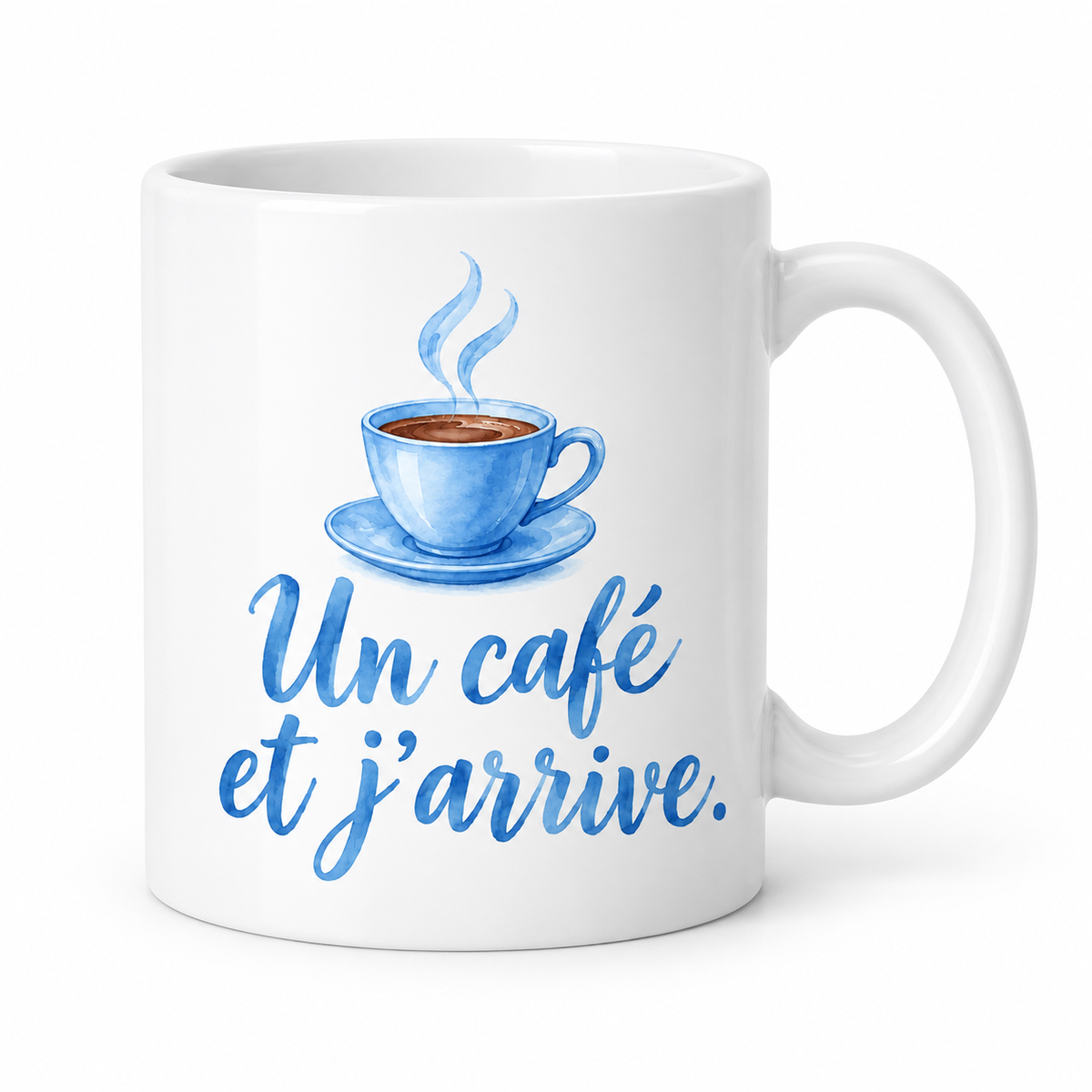 Mug Un café et j'arrive bleu ciel