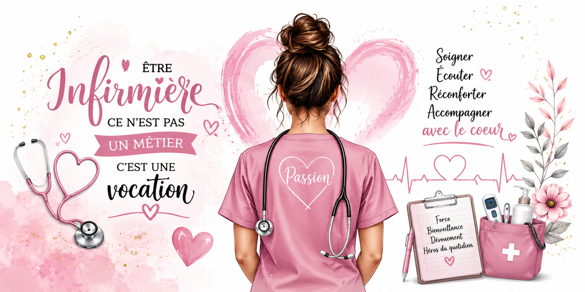 Visuel infirmière rose : Être infirmière ce n'est pas un métier c'est une vocation, soigner et réconforter