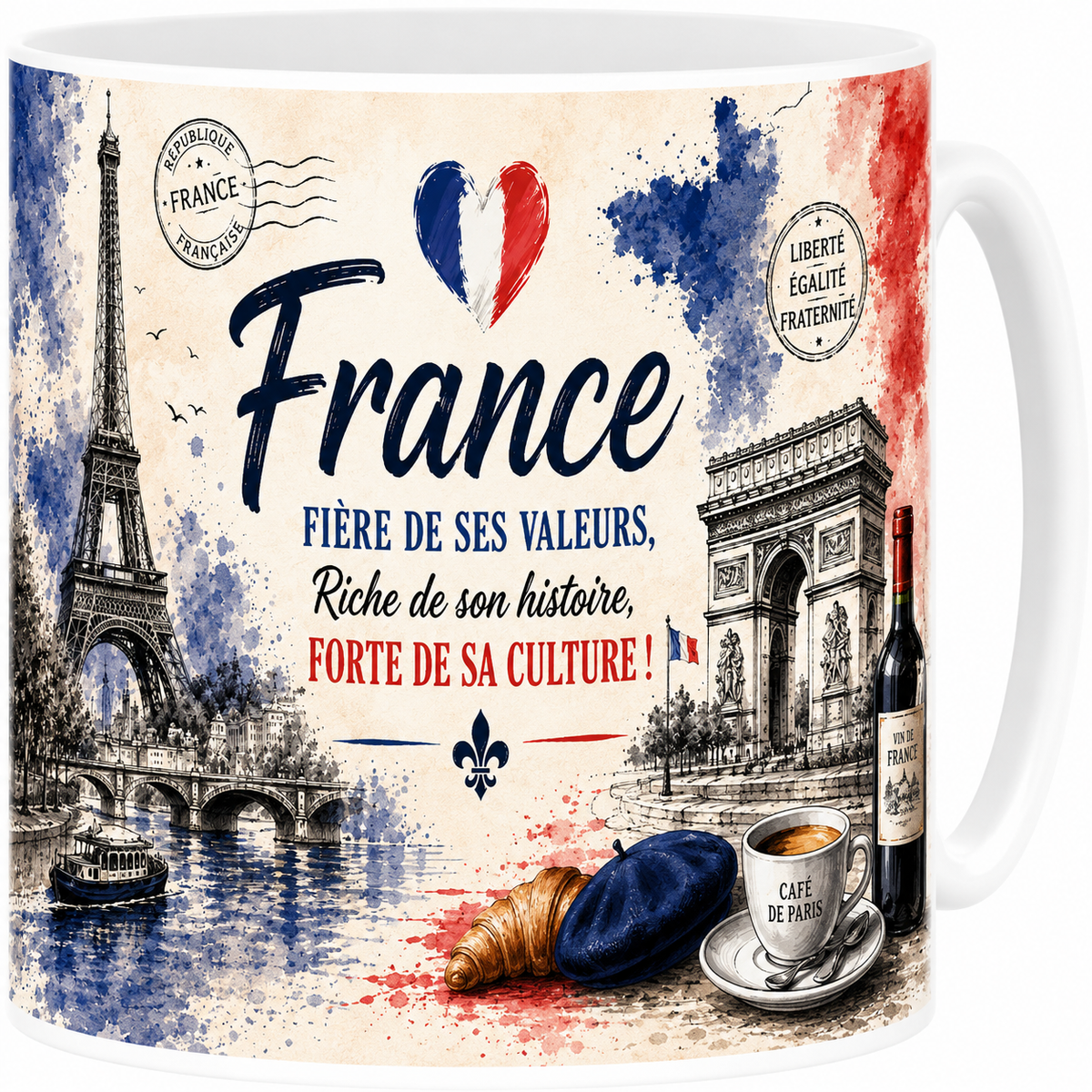 Mug céramique blanc, illustration aquarelle de la France, symboles tricolores et monuments