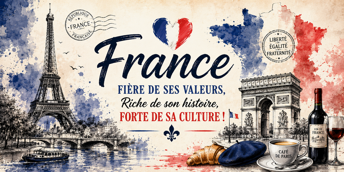 Design imprimé du mug France, illustration aquarelle de la France, symboles tricolores et monuments