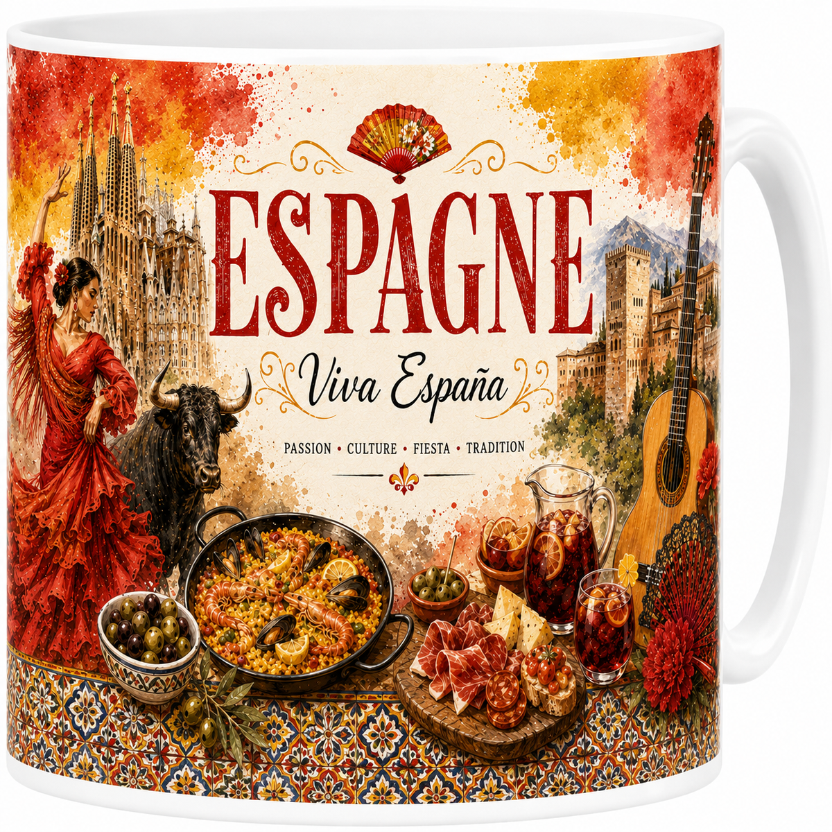 Mug céramique blanc, illustration aquarelle de l'Espagne, symboles ibériques