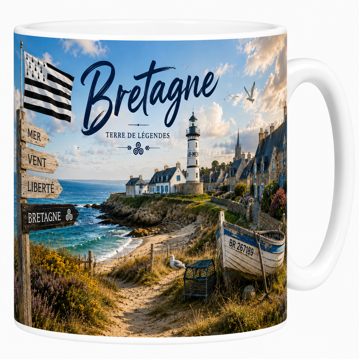 Mug céramique blanc, illustration aquarelle de la Bretagne, phares et côte