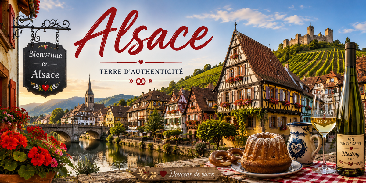 Design imprimé du mug Alsace, illustration aquarelle de l'Alsace, village, vignes et cigognes