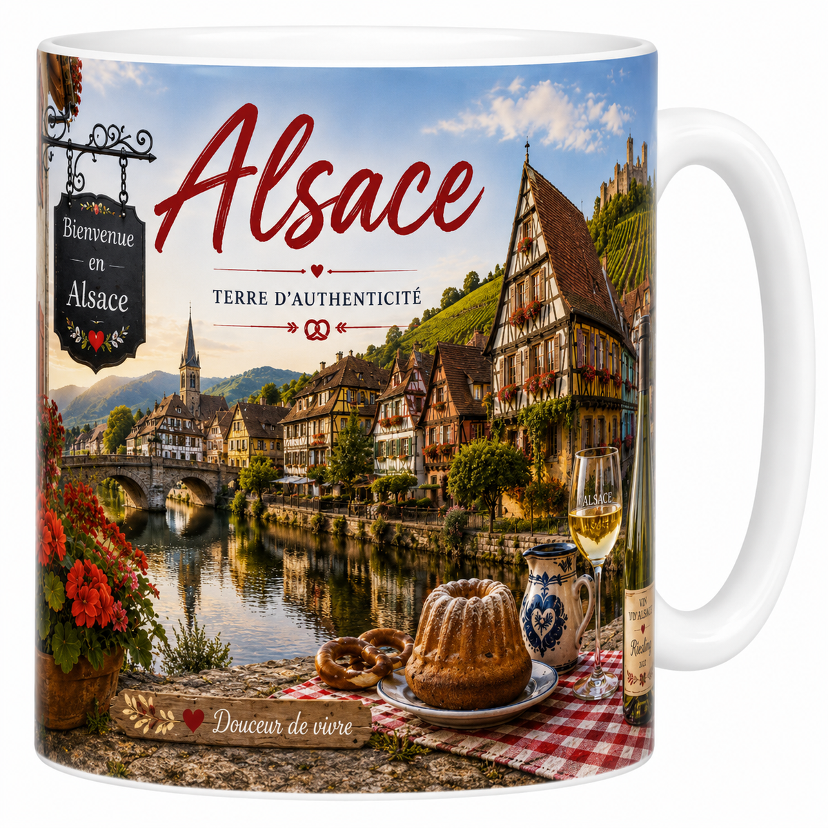 Mug céramique blanc, illustration aquarelle de l'Alsace, village, vignes et cigognes