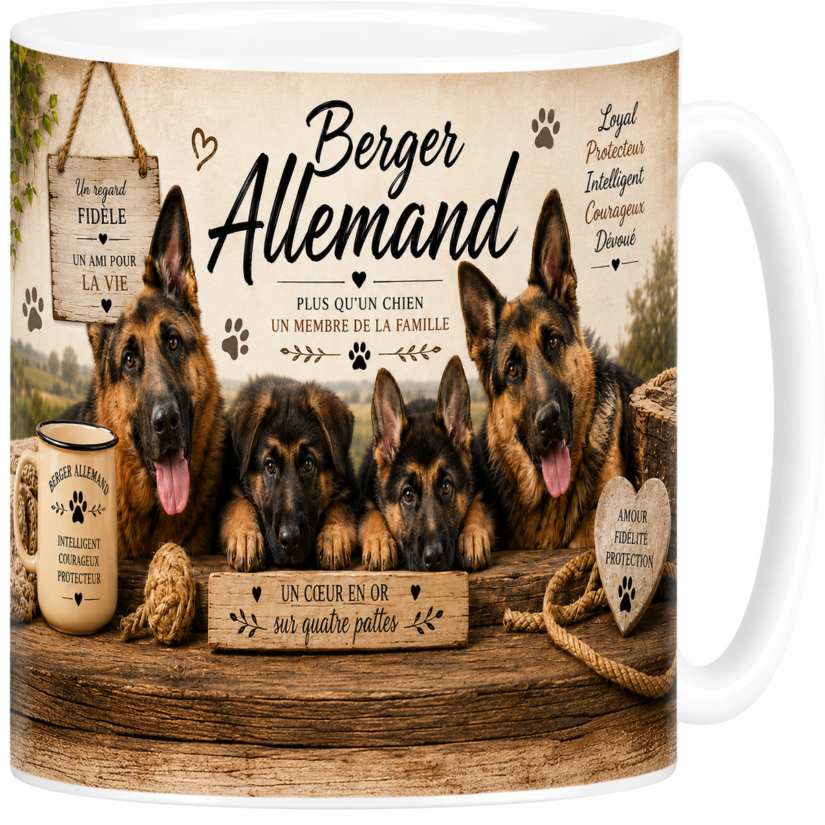 Mug céramique blanc, berger allemand en portrait aquarelle, noble et fidèle