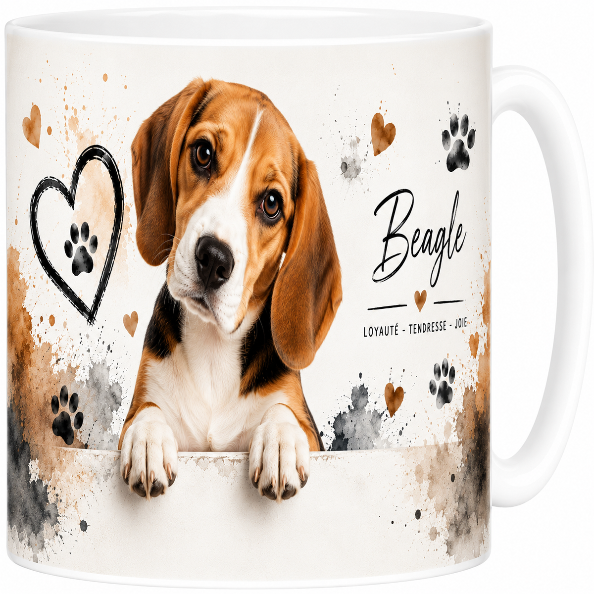 Mug céramique blanc, beagle en portrait aquarelle, tricolore au grand flair