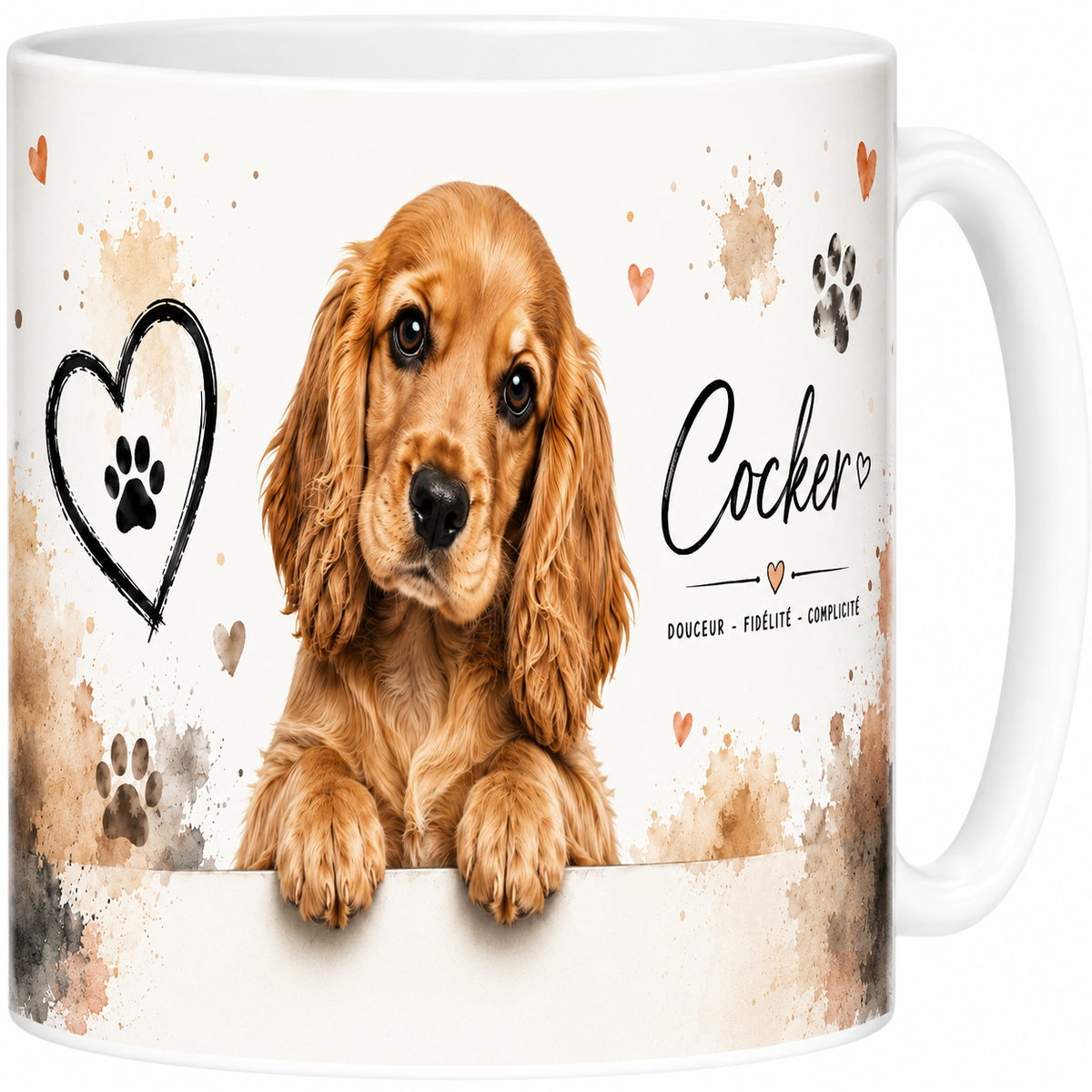 Mug céramique blanc, cocker en portrait aquarelle, aux oreilles soyeuses