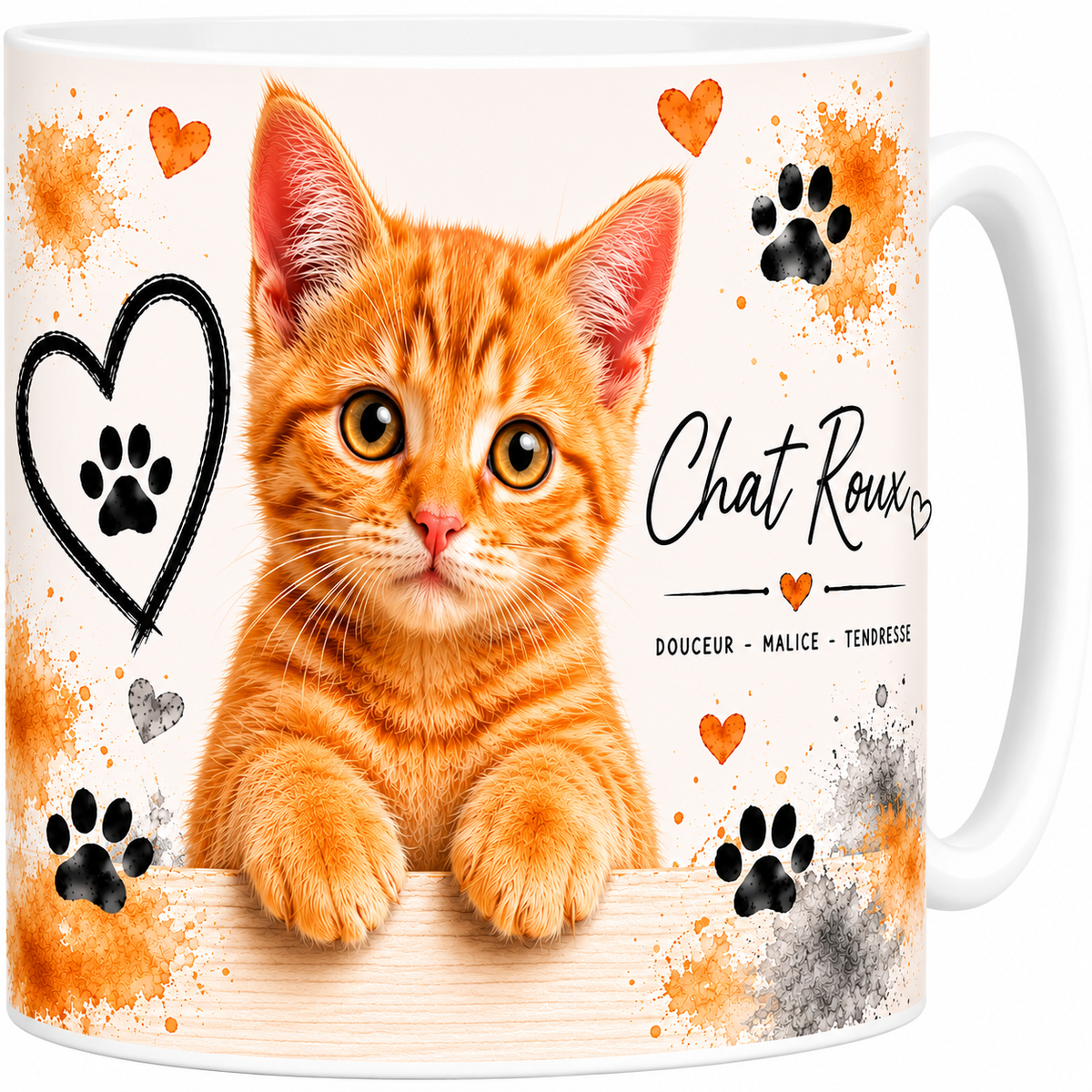 Mug céramique blanc, chat roux en portrait aquarelle, tigré orange