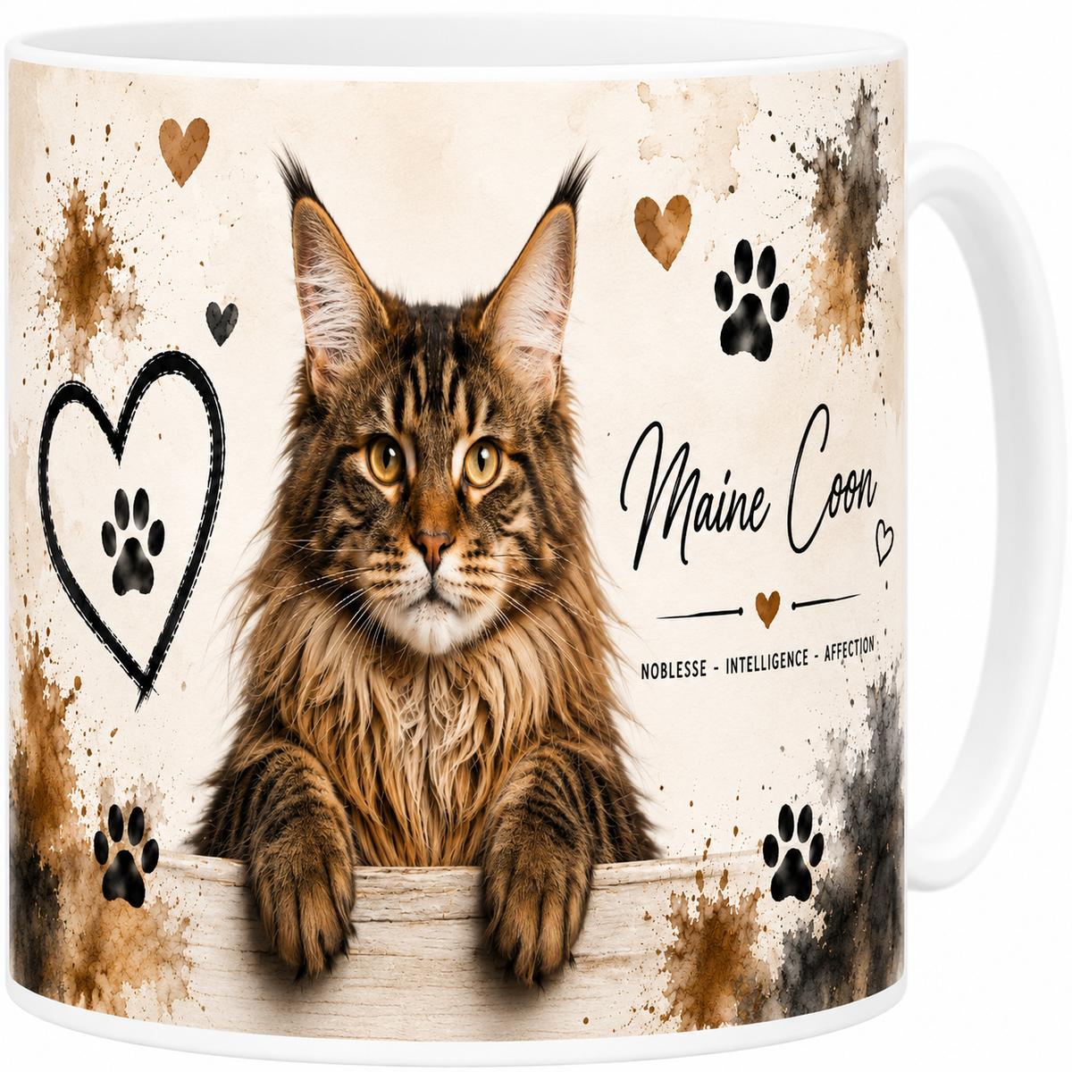 Mug céramique blanc, maine coon en portrait aquarelle, géant tout tendre