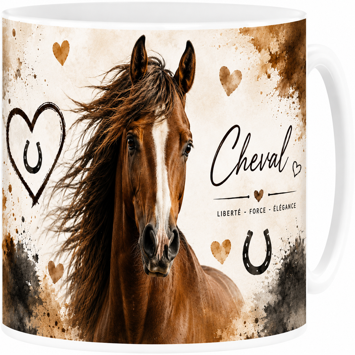 Mug céramique blanc, cheval en portrait aquarelle, au galop, symbole de liberté
