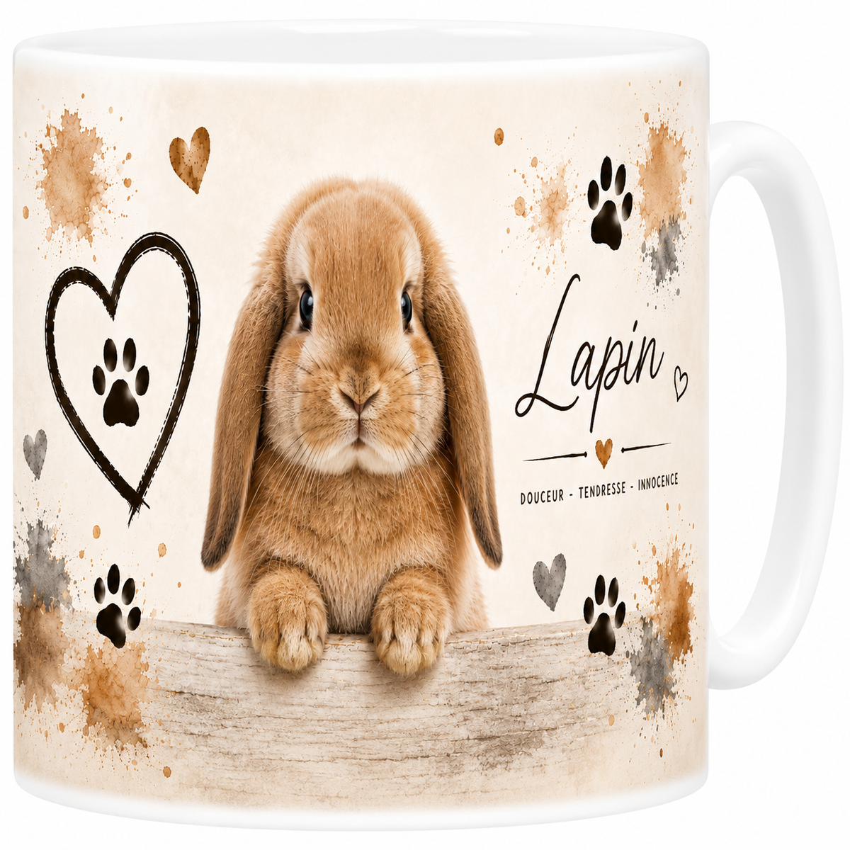 Mug céramique blanc, lapin en portrait aquarelle, tout en douceur et innocence