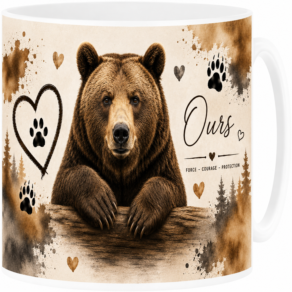 Mug céramique blanc, ours en portrait aquarelle, force et courage