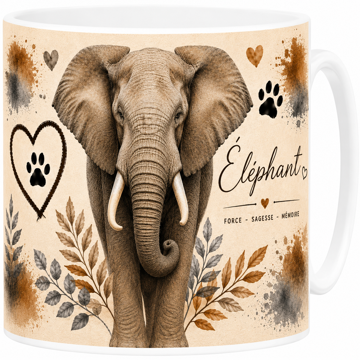 Mug céramique blanc, éléphant en portrait aquarelle, sagesse et mémoire