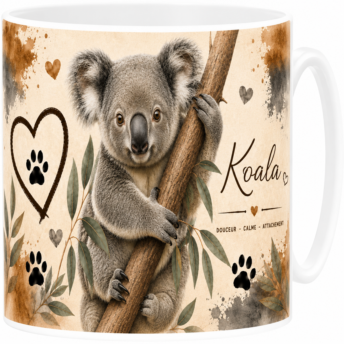 Mug céramique blanc, koala en portrait aquarelle, calme et attachement
