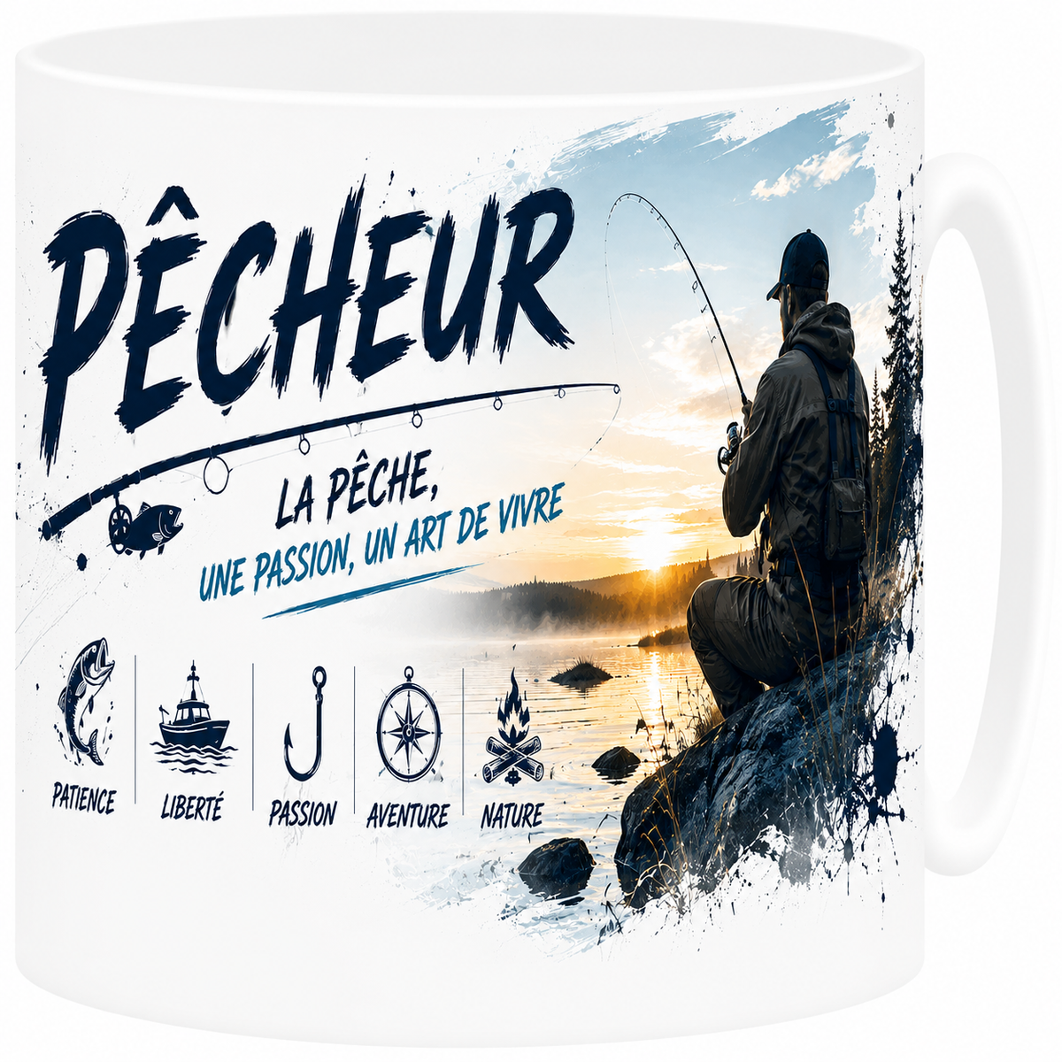Mug céramique blanc, pêcheur, canne et poisson, passion pêche