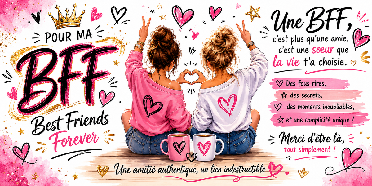 Design imprimé du mug BFF, illustration de la complicité entre meilleures amies