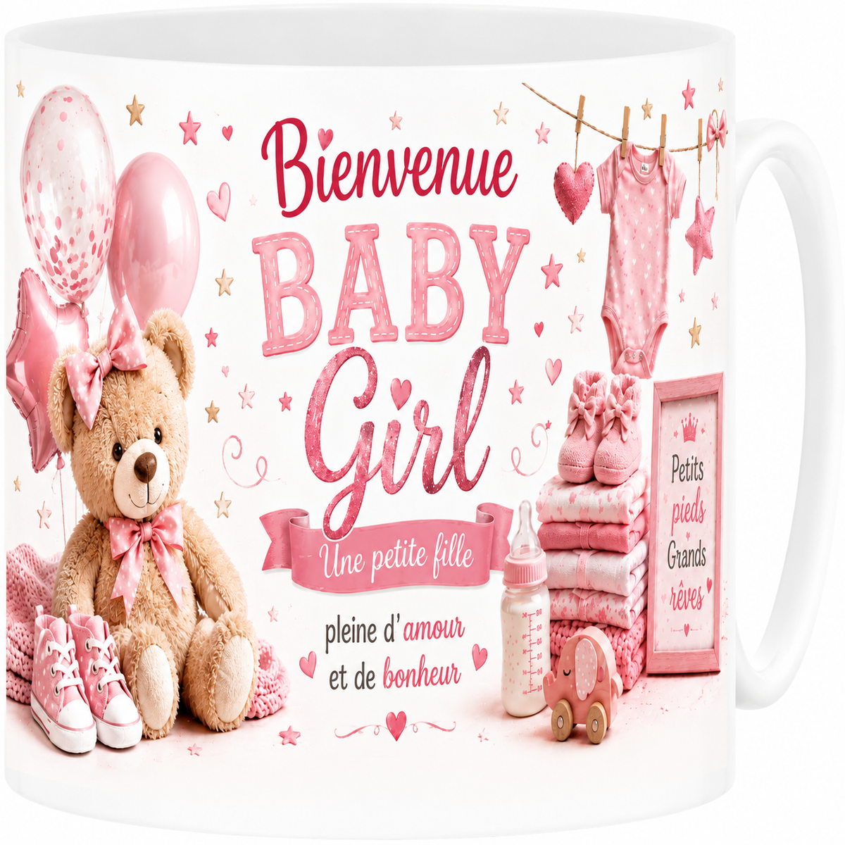 Mug céramique blanc, naissance baby girl, bienvenue petite princesse, rose