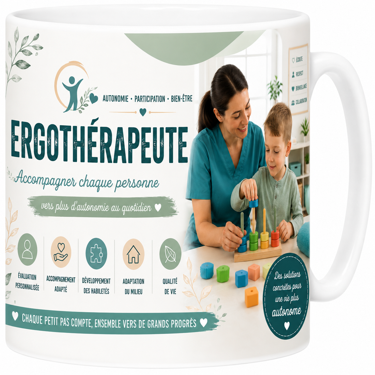 Mug céramique blanc, ergothérapeute, gestes du quotidien et soin
