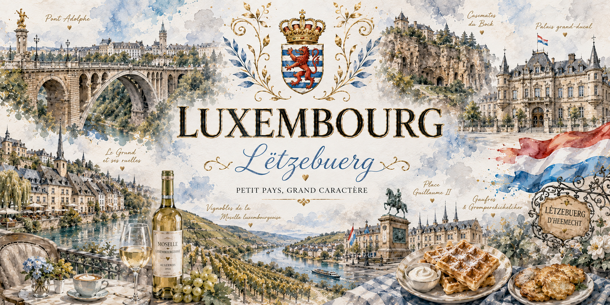 Design imprimé du mug Luxembourg, illustration aquarelle du Grand-Duché et de la vieille ville classée
