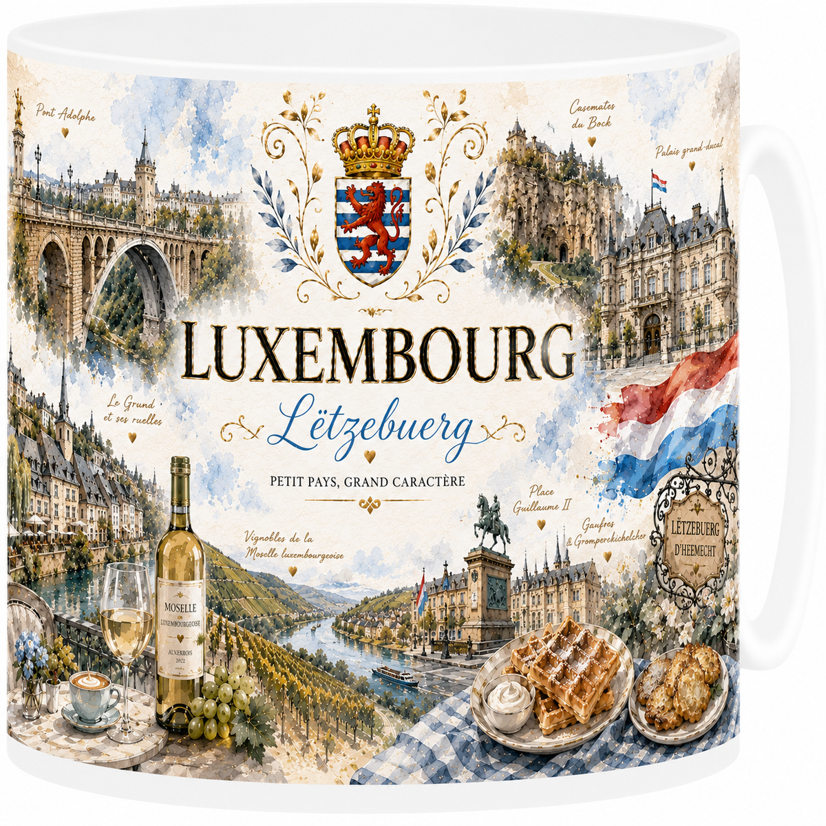 Mug céramique blanc, illustration aquarelle du Luxembourg, Grand-Duché et vieille ville