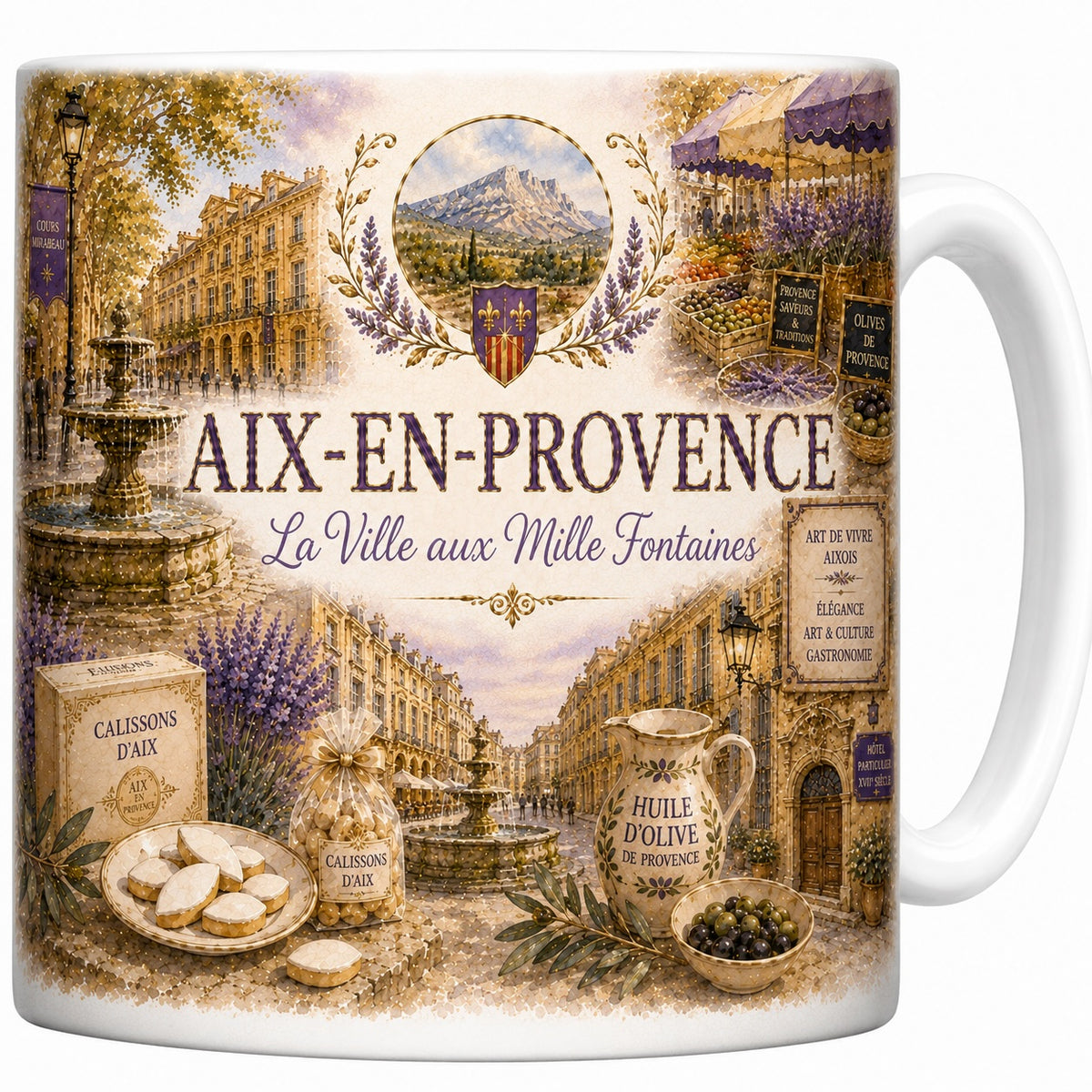 Mug céramique blanc, illustration aquarelle d'Aix-en-Provence, fontaine et cours Mirabeau