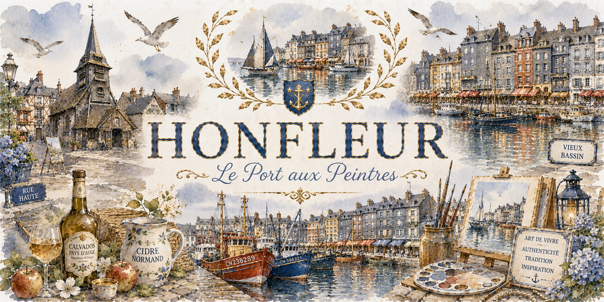 Visuel Honfleur : Vieux Bassin, église Sainte-Catherine, bateaux de pêche et chevalet de peintre