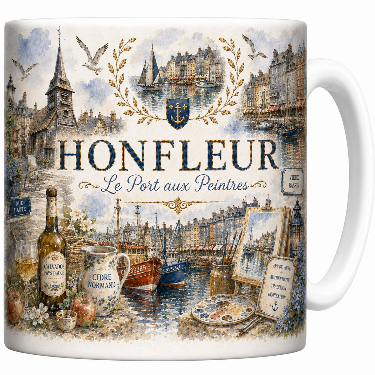 Mug céramique blanc, illustration aquarelle d'Honfleur, Vieux Bassin et bateaux