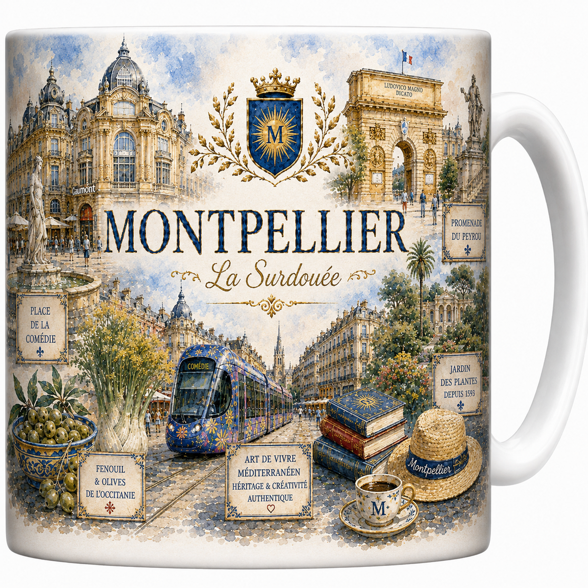 Mug céramique blanc, illustration aquarelle de Montpellier, arc de triomphe et place de la Comédie