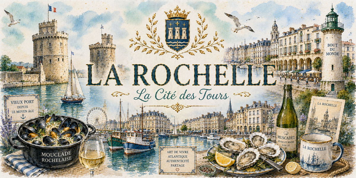 Design imprimé du mug La Rochelle, illustration aquarelle des tours médiévales, du Vieux-Port et de l'Atlantique